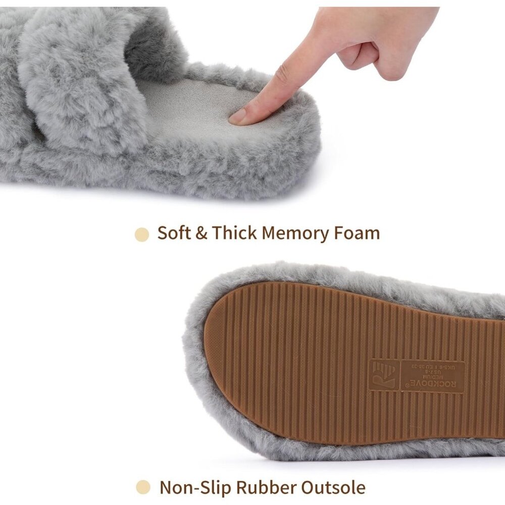 Women’s Gray Pluffie Arch Memory Foam Cozy Faux Fur Open Toe Slippers Shoes - Picture 4 of 6